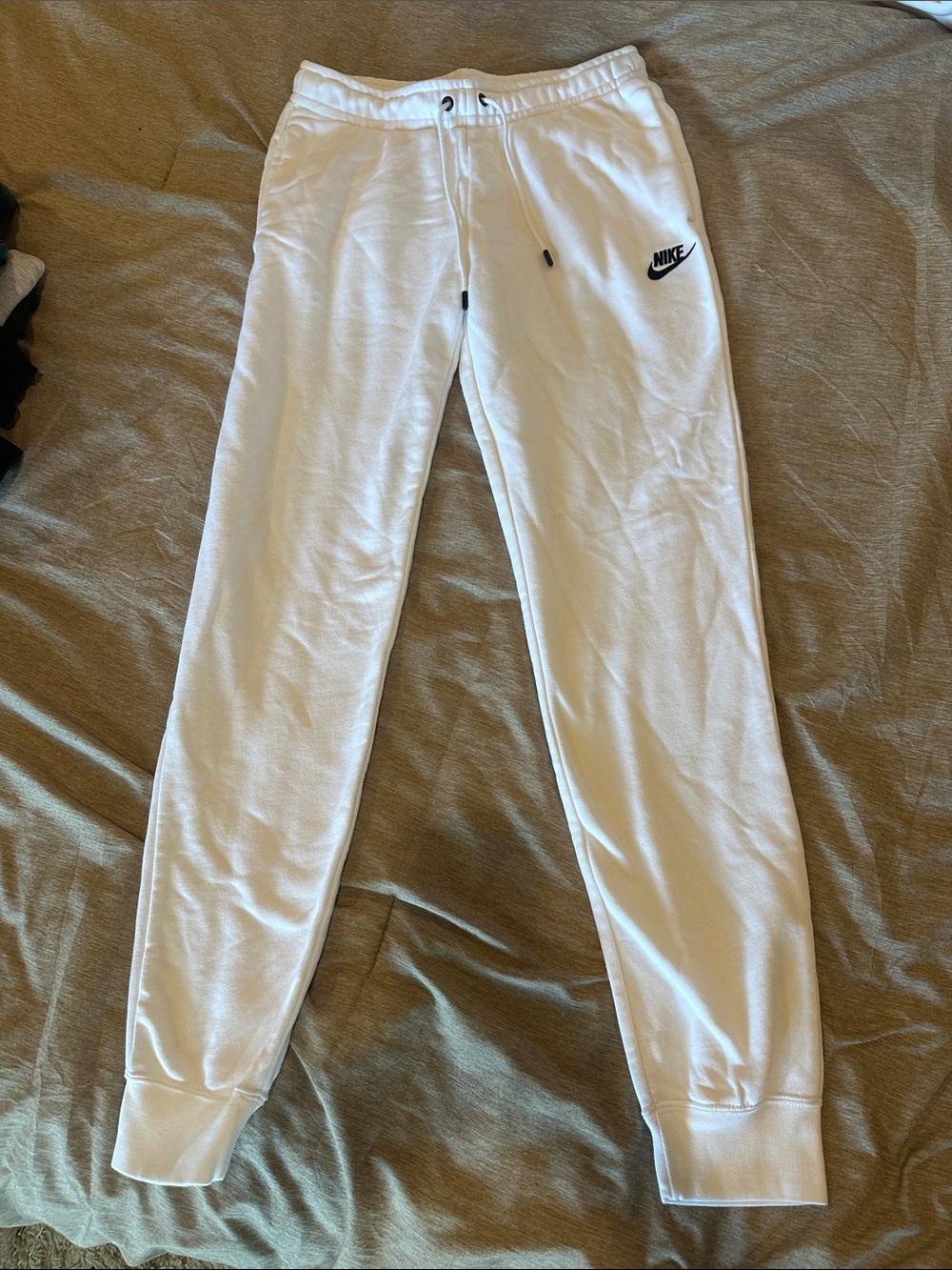 Nike White Fleece Track Joggers with Black Swoosh